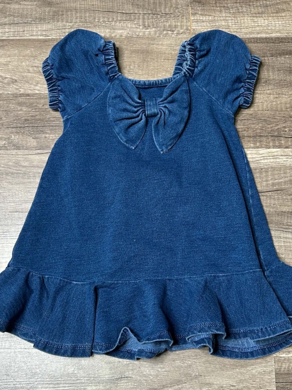 Habitual Kids Girl Denim Bow Front Ruffle Flounce Hem Dress Short Puff Sleeve